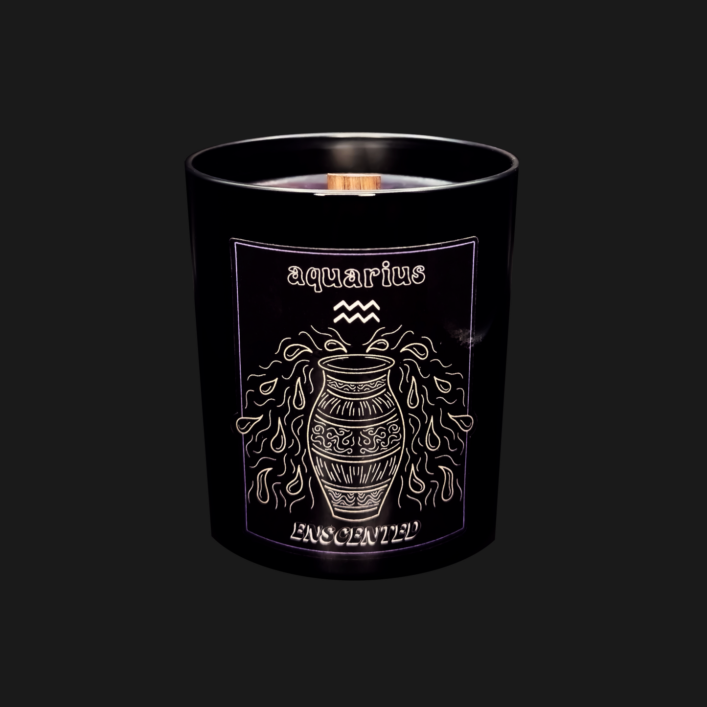 A black candle with the Aquarius zodiac sign design in gold. The candle is labeled 'Aquarius' and has a lit flame at the top.