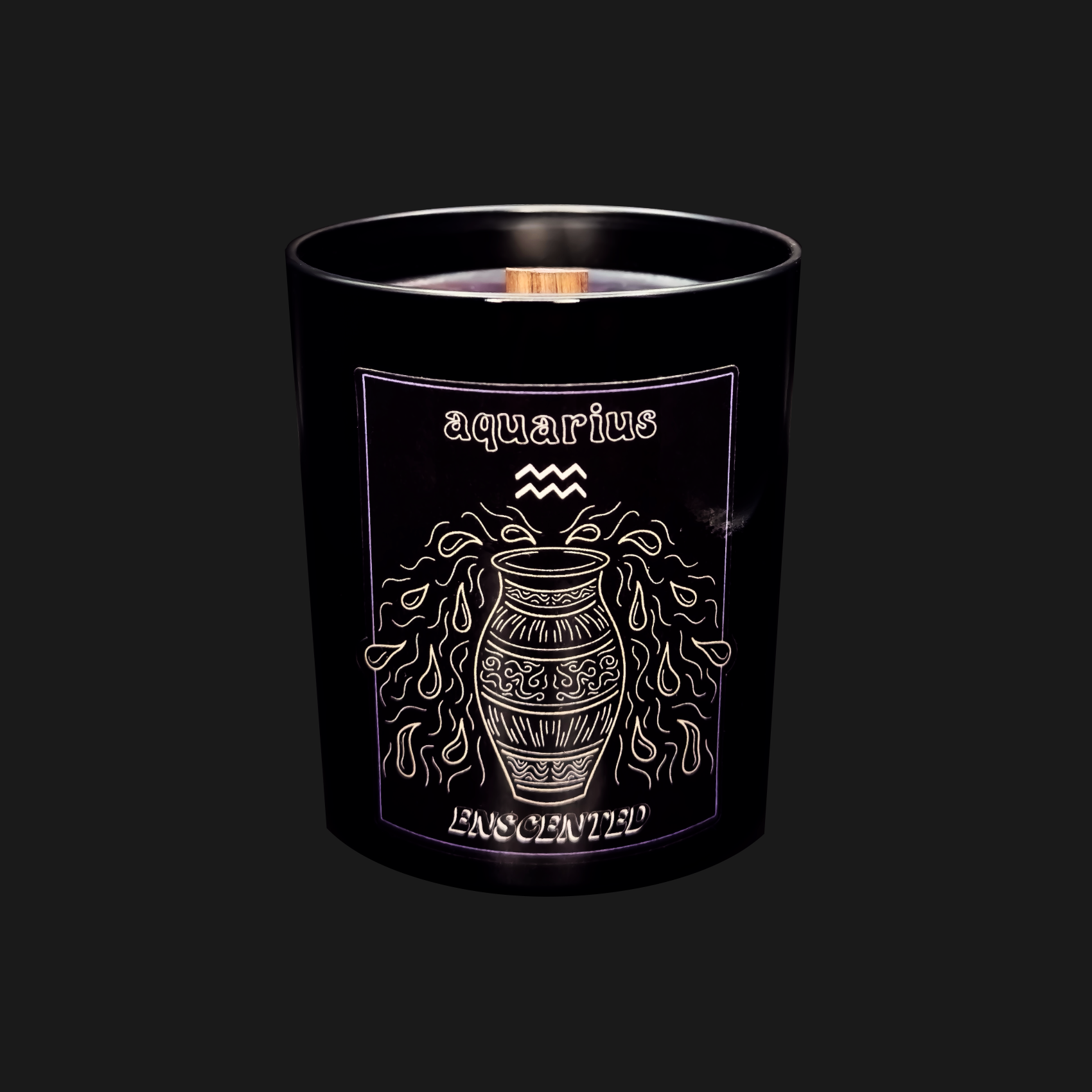 A black candle with the Aquarius zodiac sign design in gold. The candle is labeled 'Aquarius' and has a lit flame at the top.