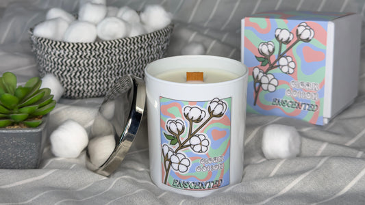 Candle with cotton design and packaging on a gray surface with cotton balls and a plant.